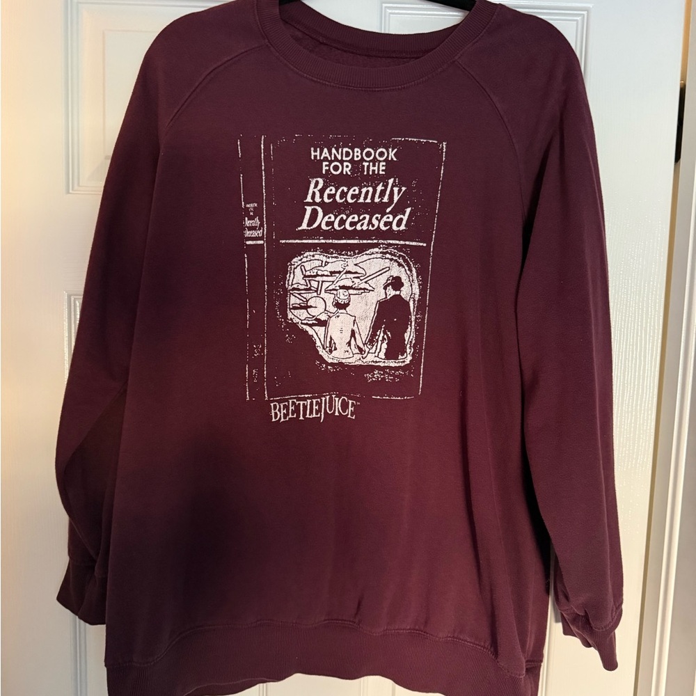 Ripple Junction Maroon Beetlejuice Tag Graphic Sweatshirt